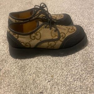 Gucci Beige Brown GG Canvas Lace-Up Platform Sneakers